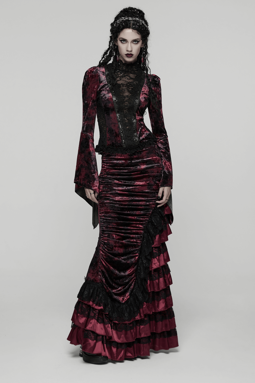 Victorian Gothic Velvet Skirt with Ruffled Lace Hem styled in a dramatic Gothic ensemble featuring rich velvet and lace.