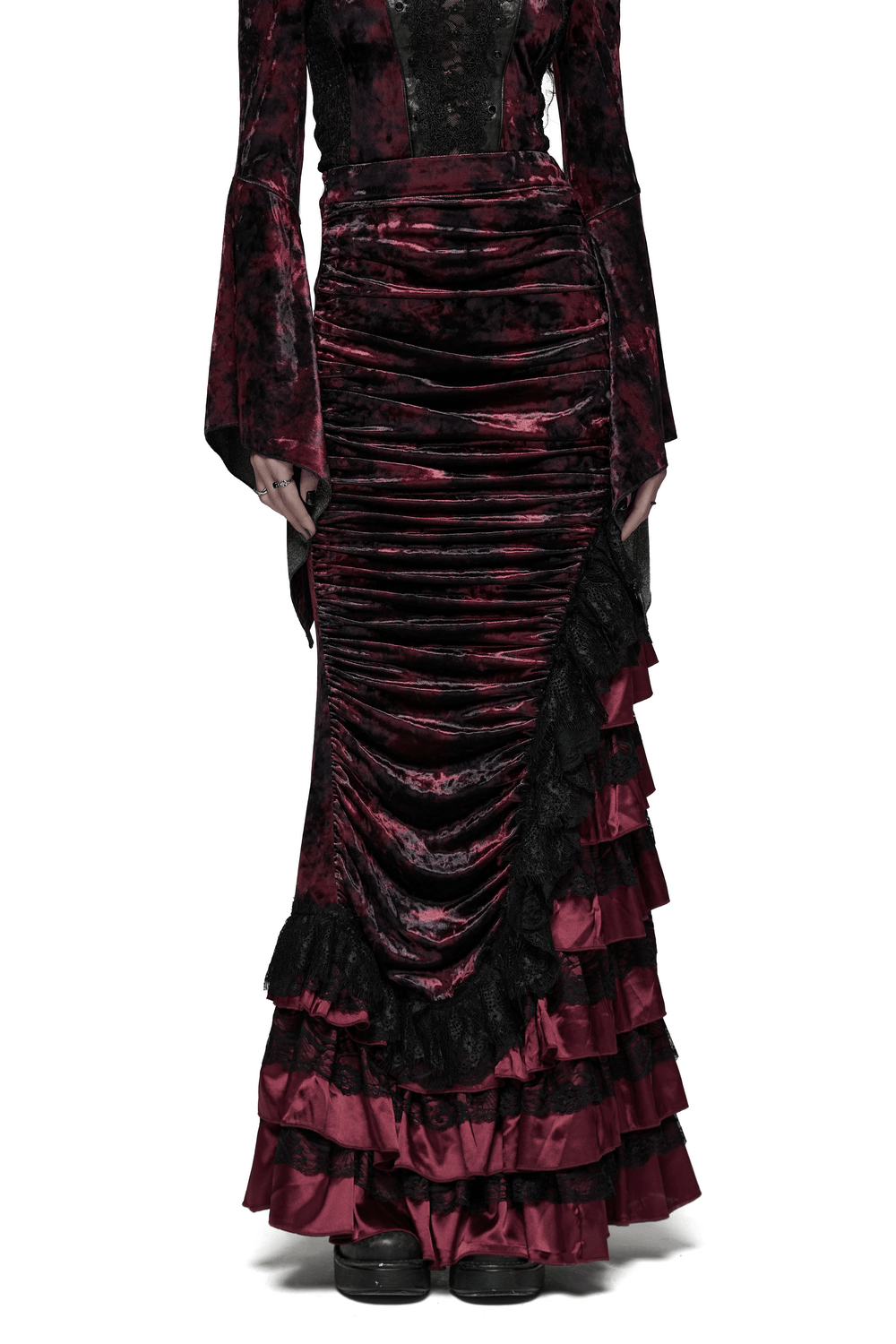 Victorian Gothic Velvet Skirt with Ruffled Lace Hem featuring ruffled layers and a rich burgundy tone.