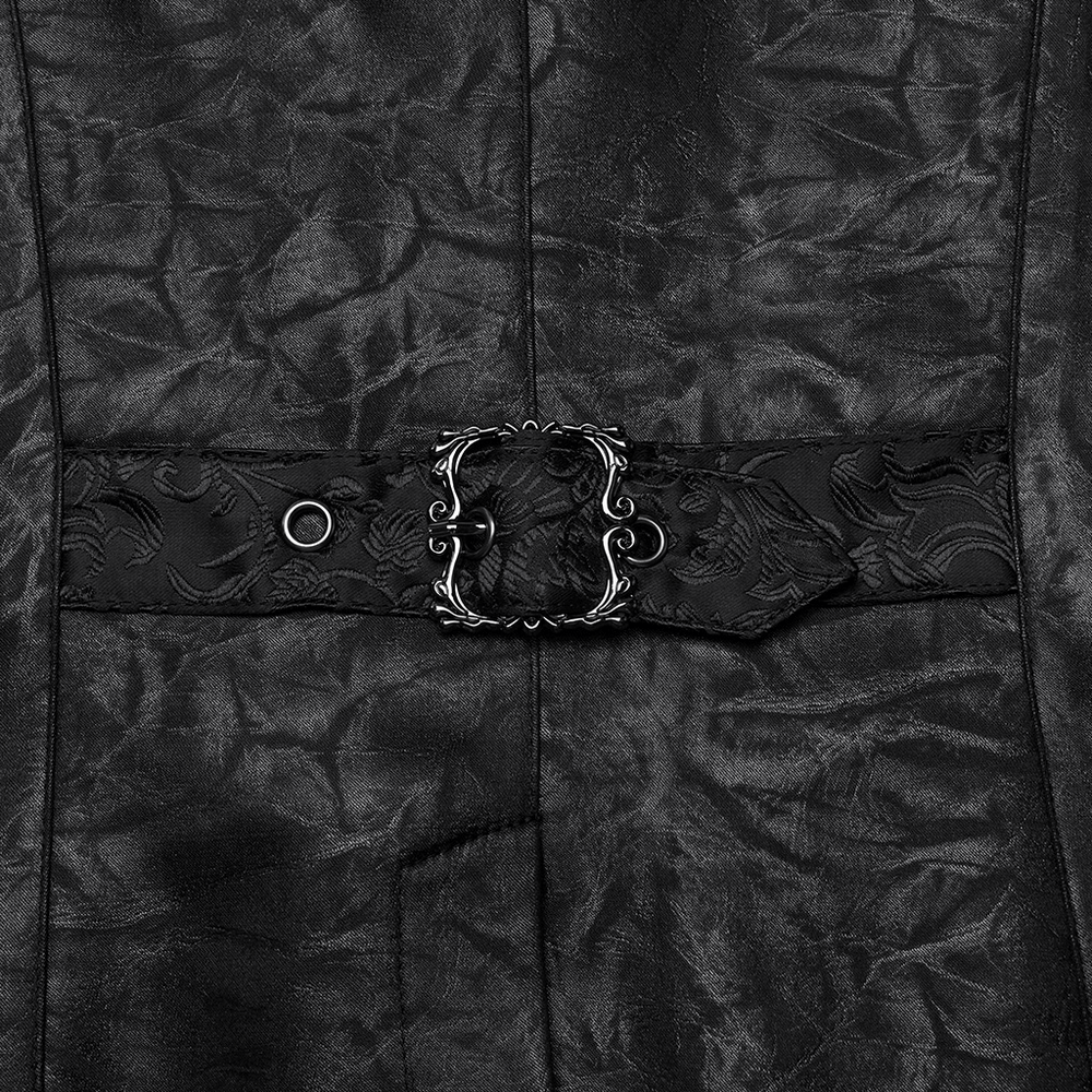 Black jacquard vest belt featuring a luxurious carved gemstone buckle and intricate textured fabric design.