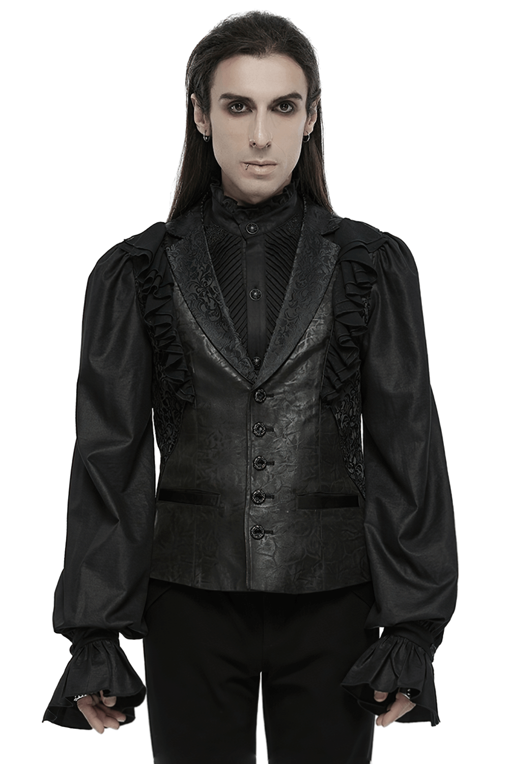 Victorian Gothic vest with ruffled jacquard design, showcasing elegant steampunk style and dramatic flair.