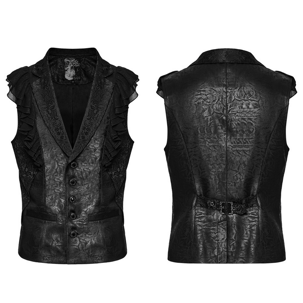 Victorian Gothic vest with ruffled jacquard design, featuring 3D ruffles and gemstone buckle for a steampunk flair.