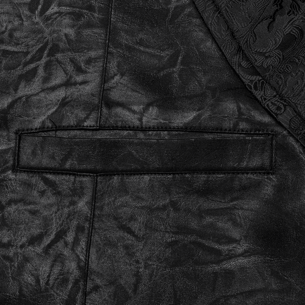 Close-up of the black jacquard fabric with pocket detail on a Gothic Victorian vest. Perfect for a stylish, elegant look.