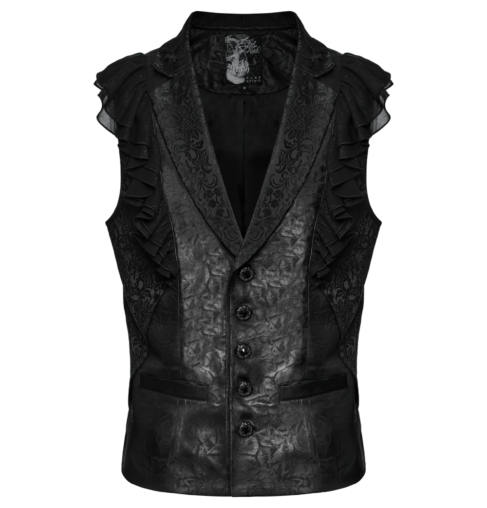 Victorian Gothic vest with ruffled jacquard design and gemstone buckles, perfect for a steampunk look.