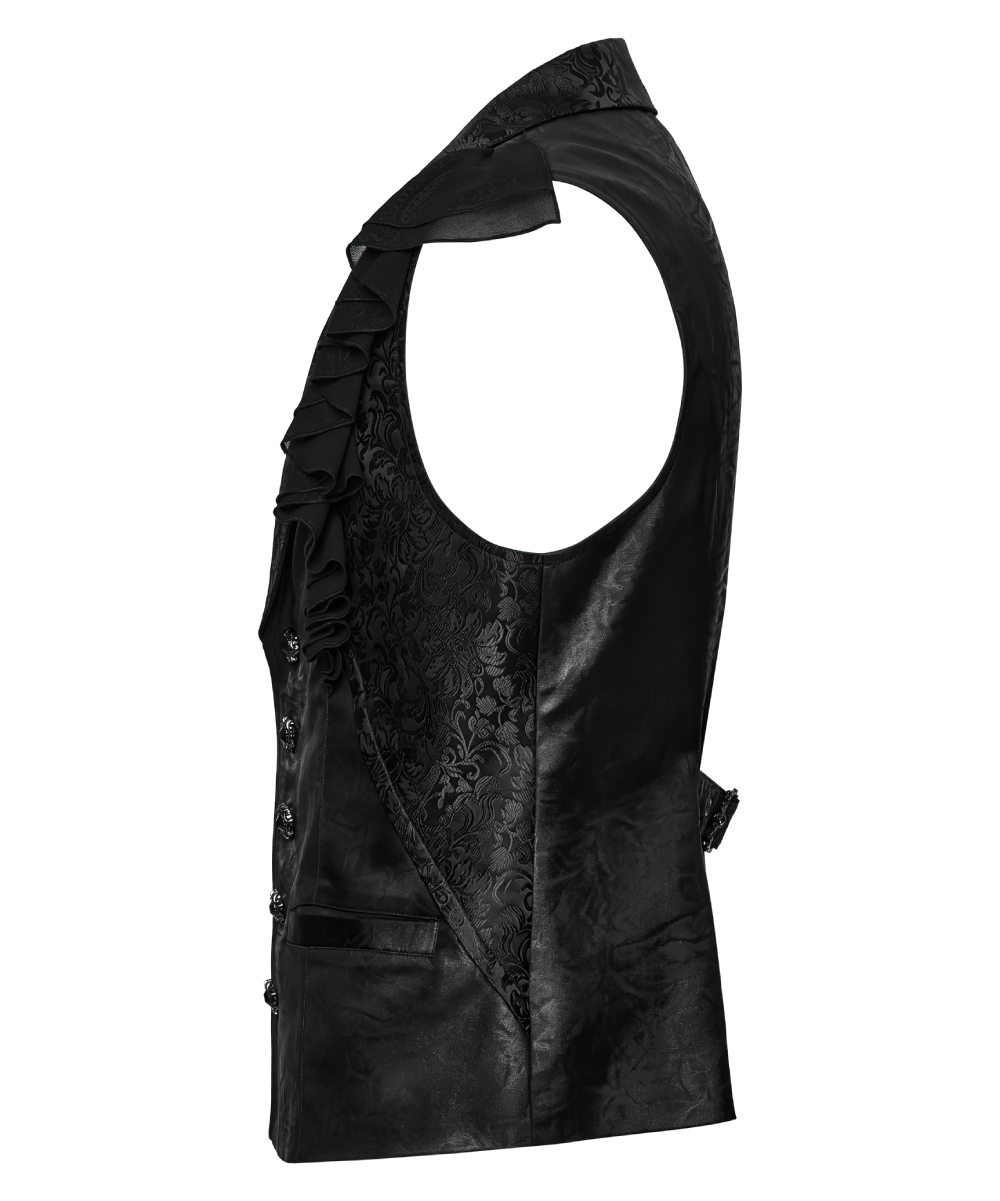 Side view of a Victorian Gothic vest featuring ruffled jacquard design and textured fabric in elegant black.