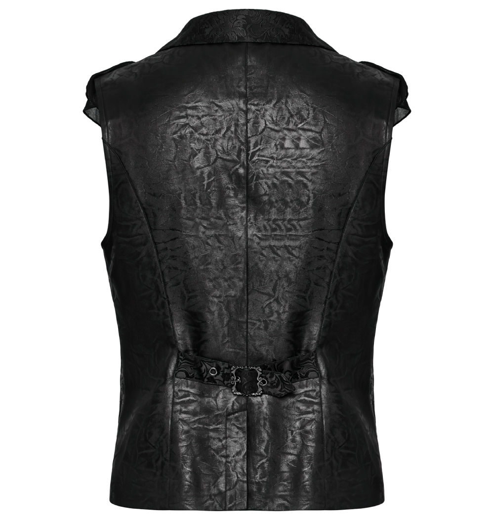 Back view of a Victorian Gothic vest with a textured jacquard design and adjustable waist loop, featuring a luxurious buckle.