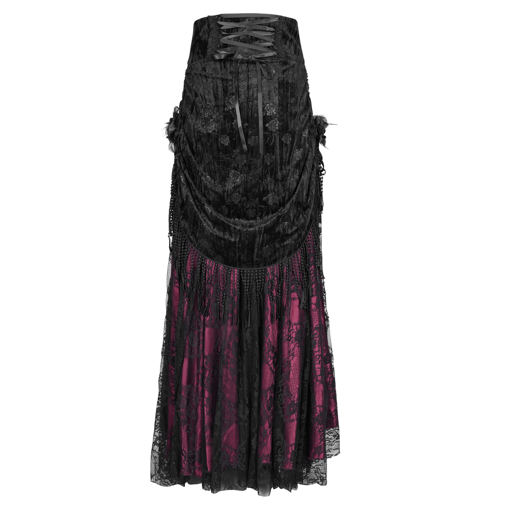 Victorian high-waist skirt featuring black lace, deep magenta lining, and elegant tassel details for gothic charm.