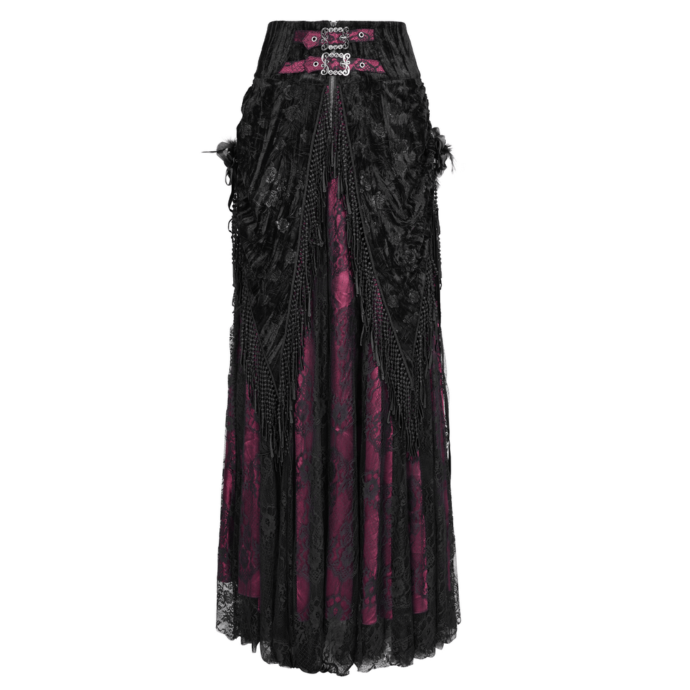 Victorian high-waist skirt featuring black lace overlay, deep magenta lining, and intricate tassel details.