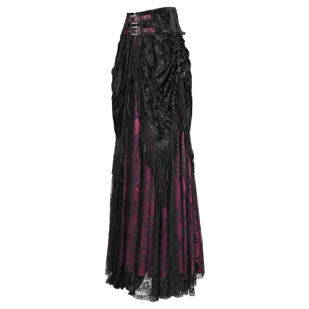 Victorian high-waist skirt featuring floral lace, tassels, and a deep magenta lining for gothic elegance.