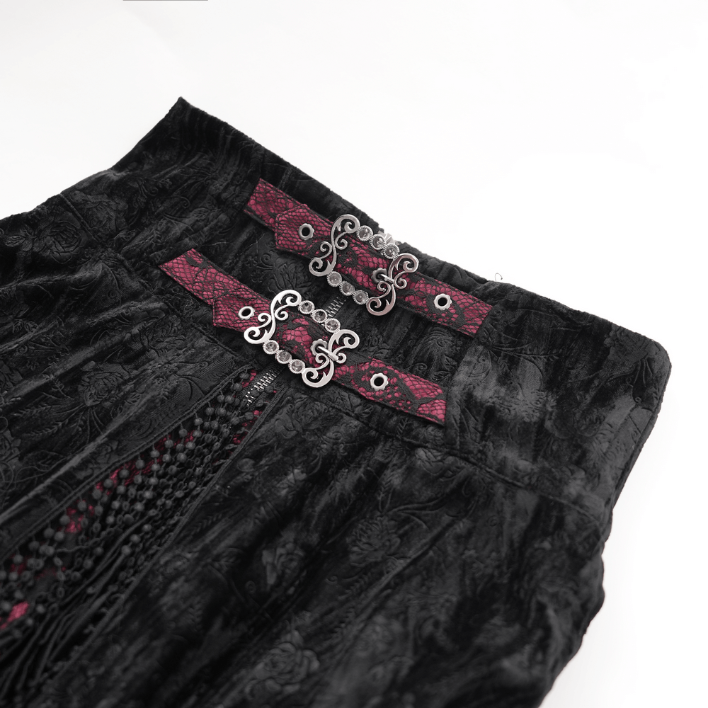 Close-up of Victorian high-waist skirt featuring floral lace, dark magenta accents, and intricate buckle details.