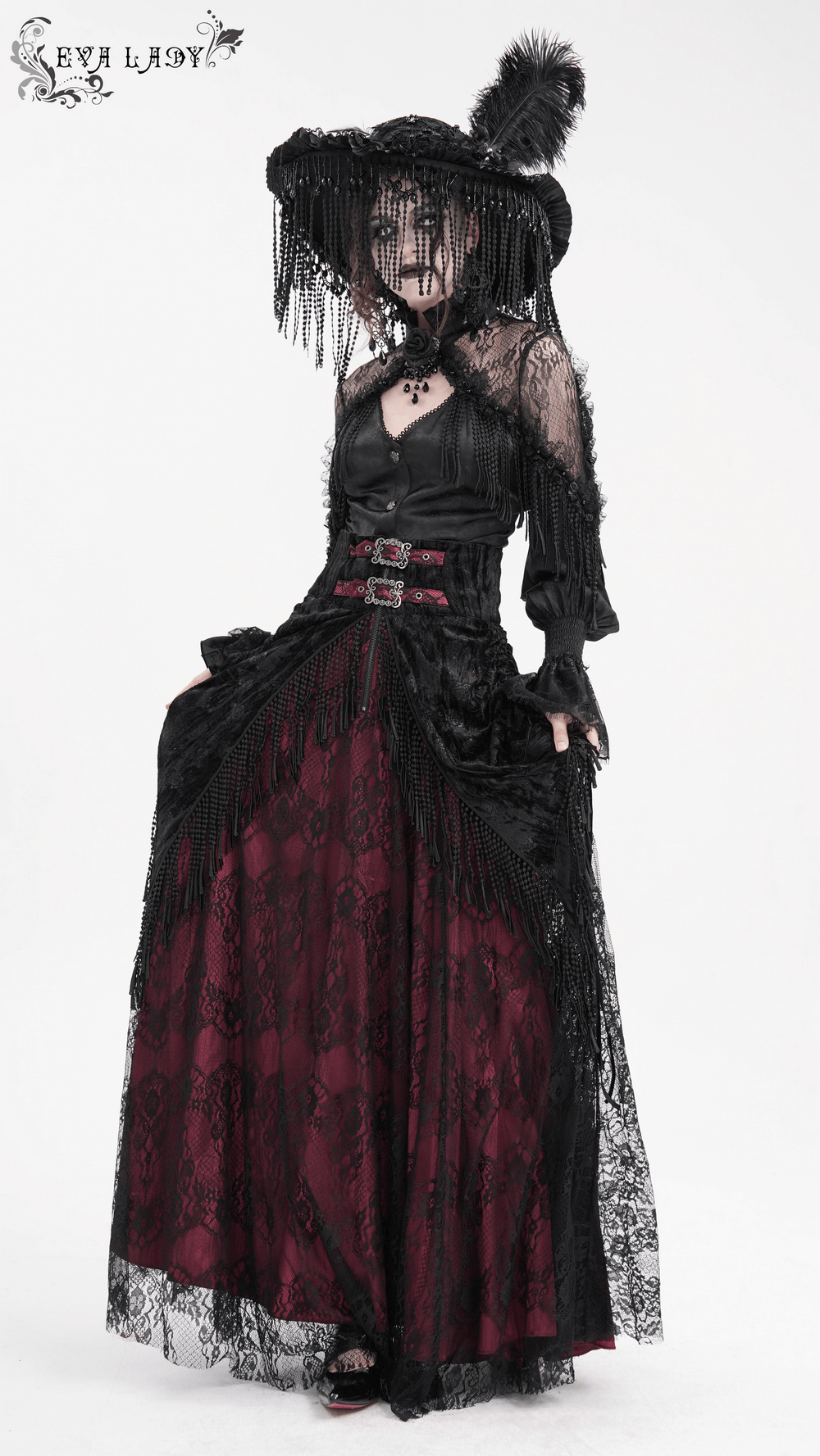 Victorian high-waist skirt with lace and tassel details, showcasing gothic elegance in black and deep magenta.