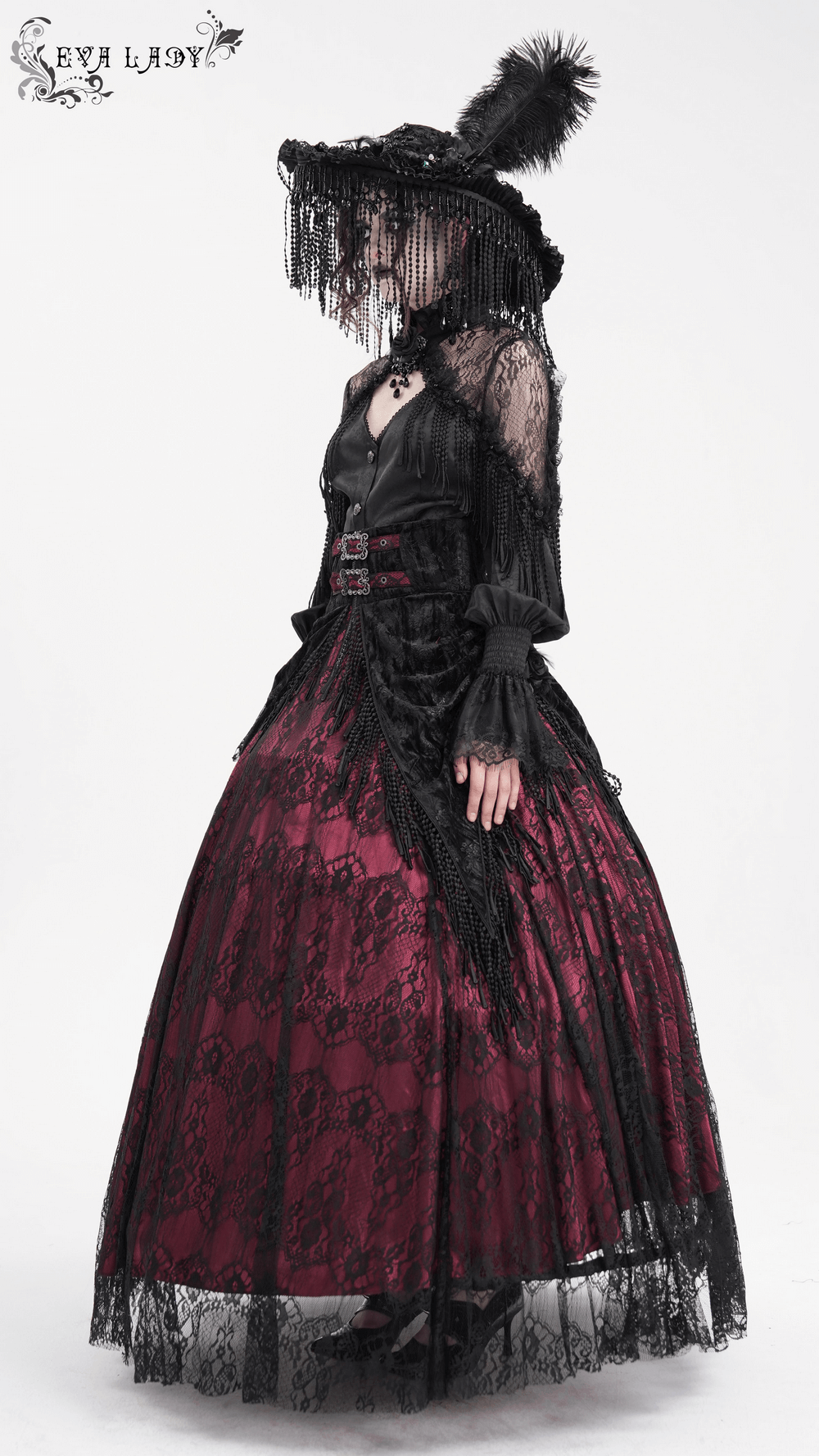 Victorian high-waist skirt featuring lace and tassel details, with a stunning magenta lining and gothic elegance.