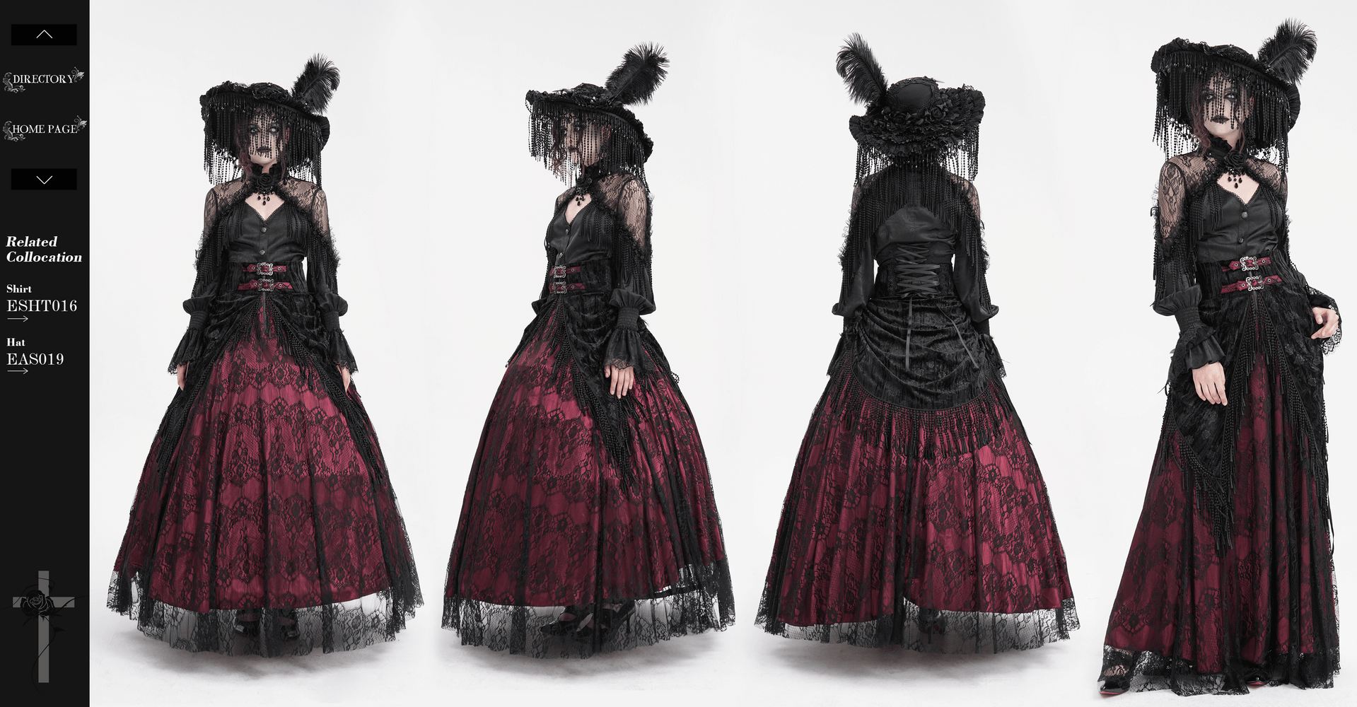 Victorian high-waist skirt in black lace with a deep magenta lining, showcasing gothic elegance and tassel details.