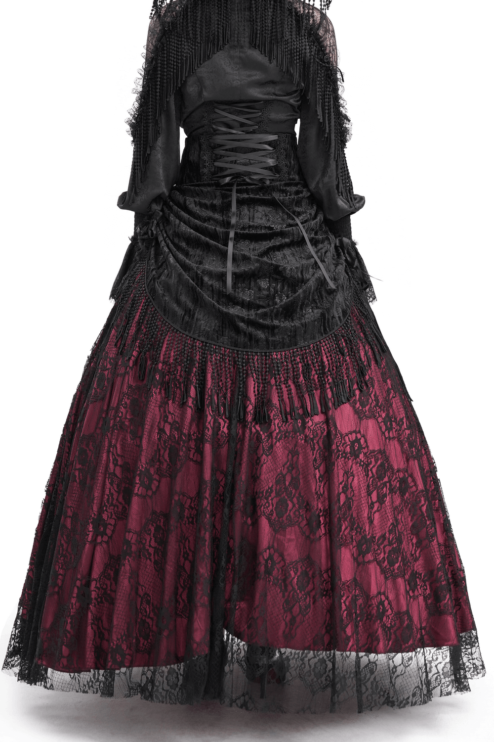 Elegant Victorian high-waist skirt featuring lace overlay and deep magenta lining with tassels and chain details.