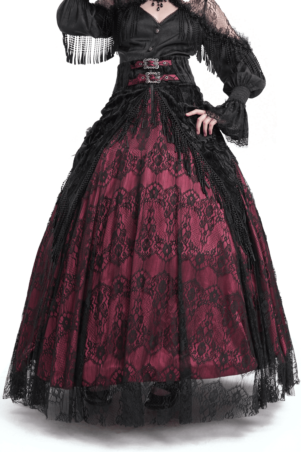 Victorian high-waist skirt with black lace overlay and deep magenta lining, featuring tassels and buckle accents.