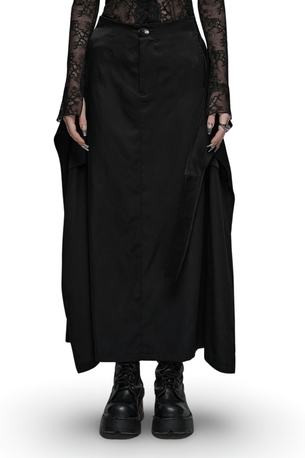 Victorian-inspired black A-line maxi skirt with pockets, featuring edgy design and pleated brooch detail.