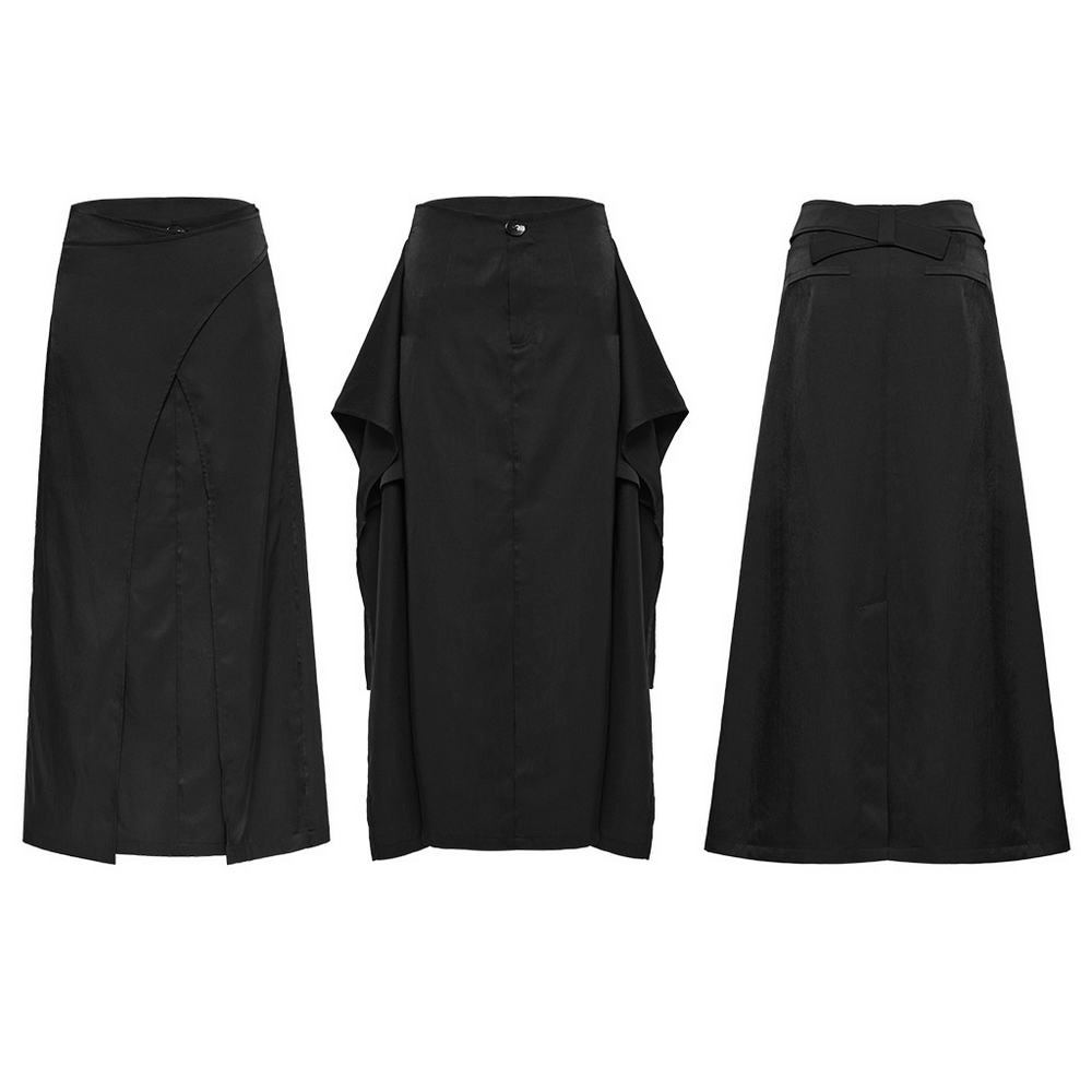 Victorian-inspired black A-line maxi skirt with pockets, showcasing unique design and pleated metal brooch.