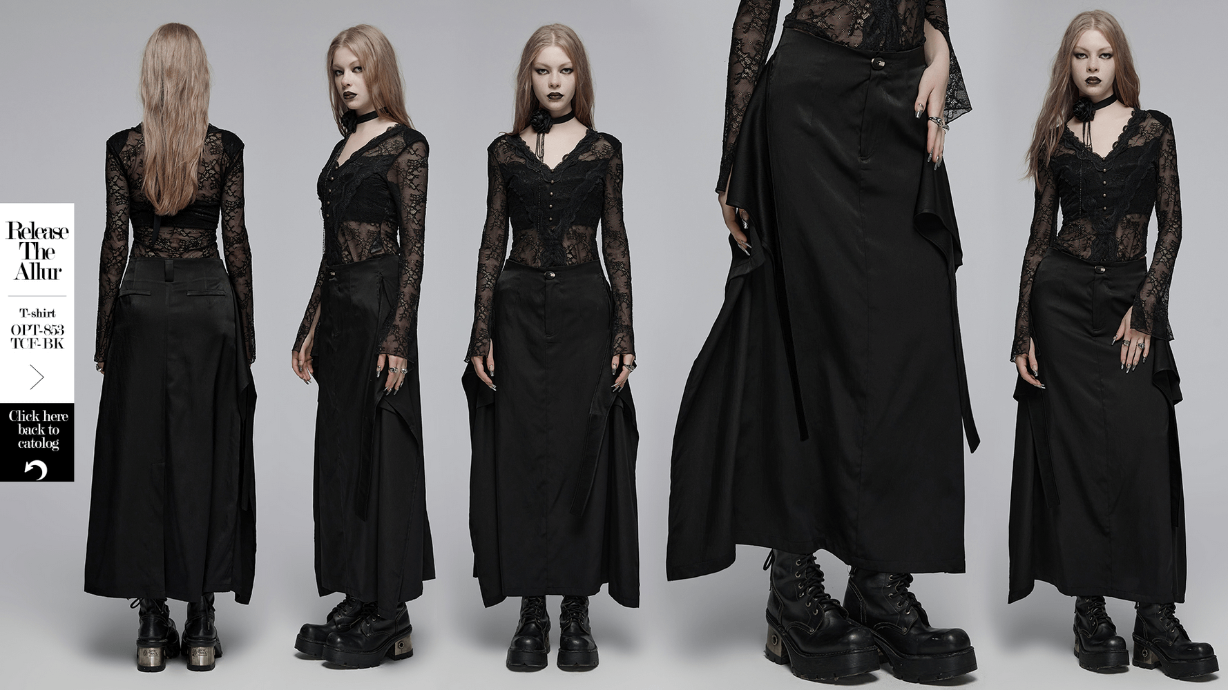 Victorian-inspired black A-line maxi skirt with pockets, paired with a lace top and chunky boots, showcasing edgy elegance.