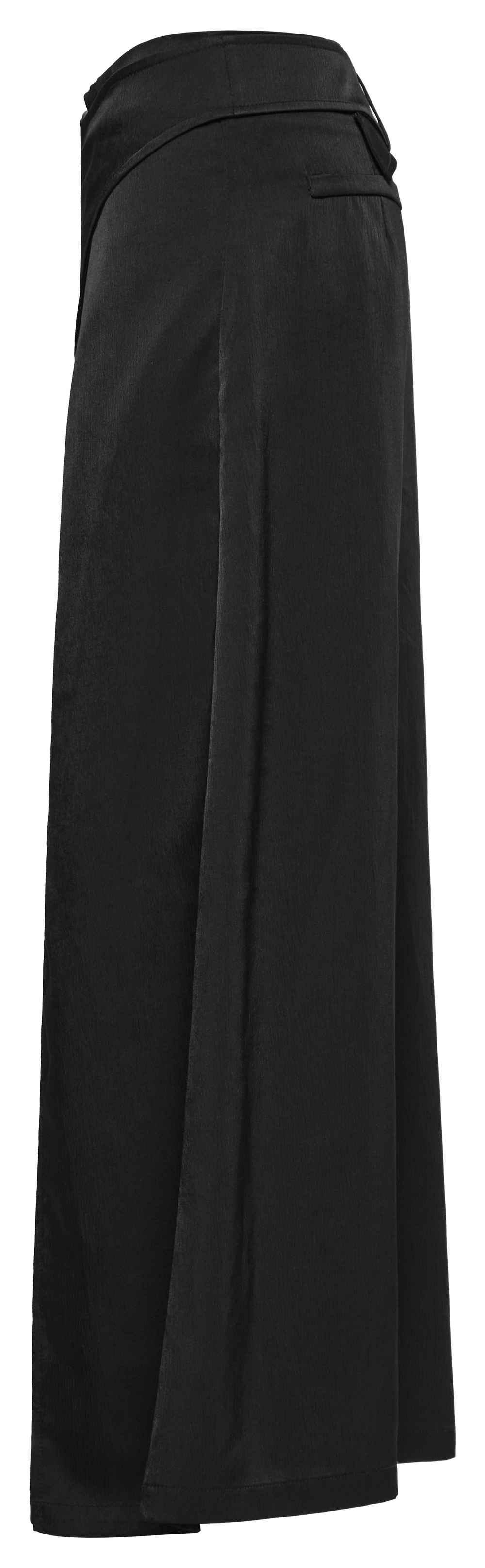 Victorian-inspired black A-line maxi skirt with pockets, showcasing elegant pleating and a stylish rear slit.