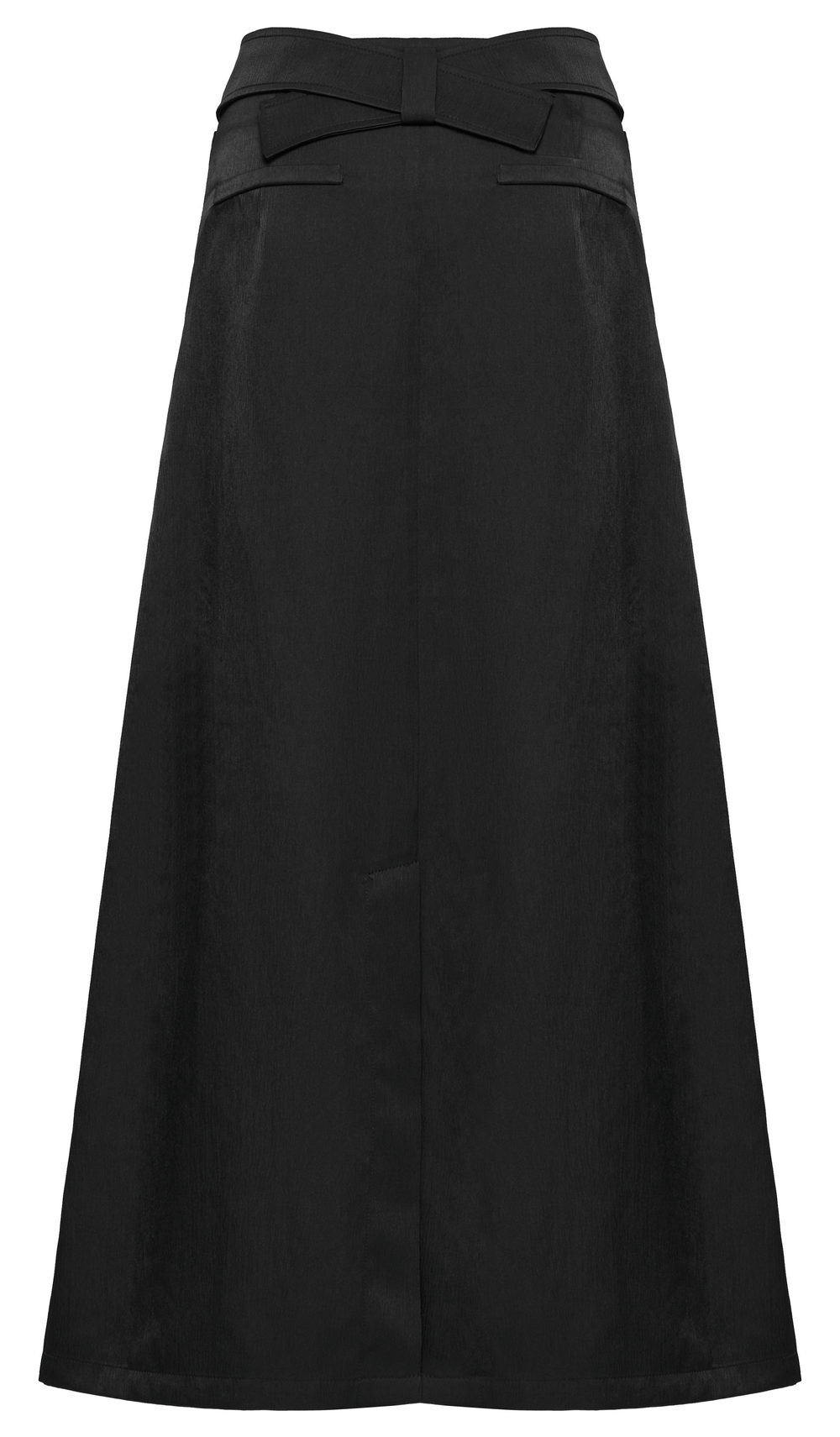 Victorian-inspired black A-line maxi skirt with pockets and bow detail at waist, showcasing elegant design.
