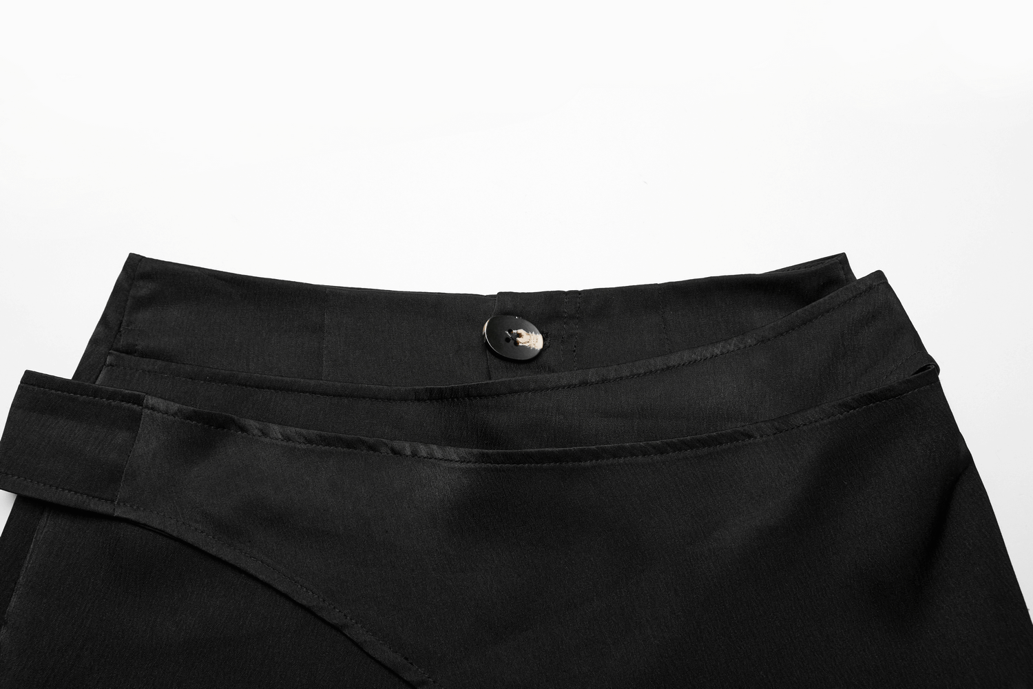 Close-up of the waist and button detail of a Victorian-inspired black A-line maxi skirt.