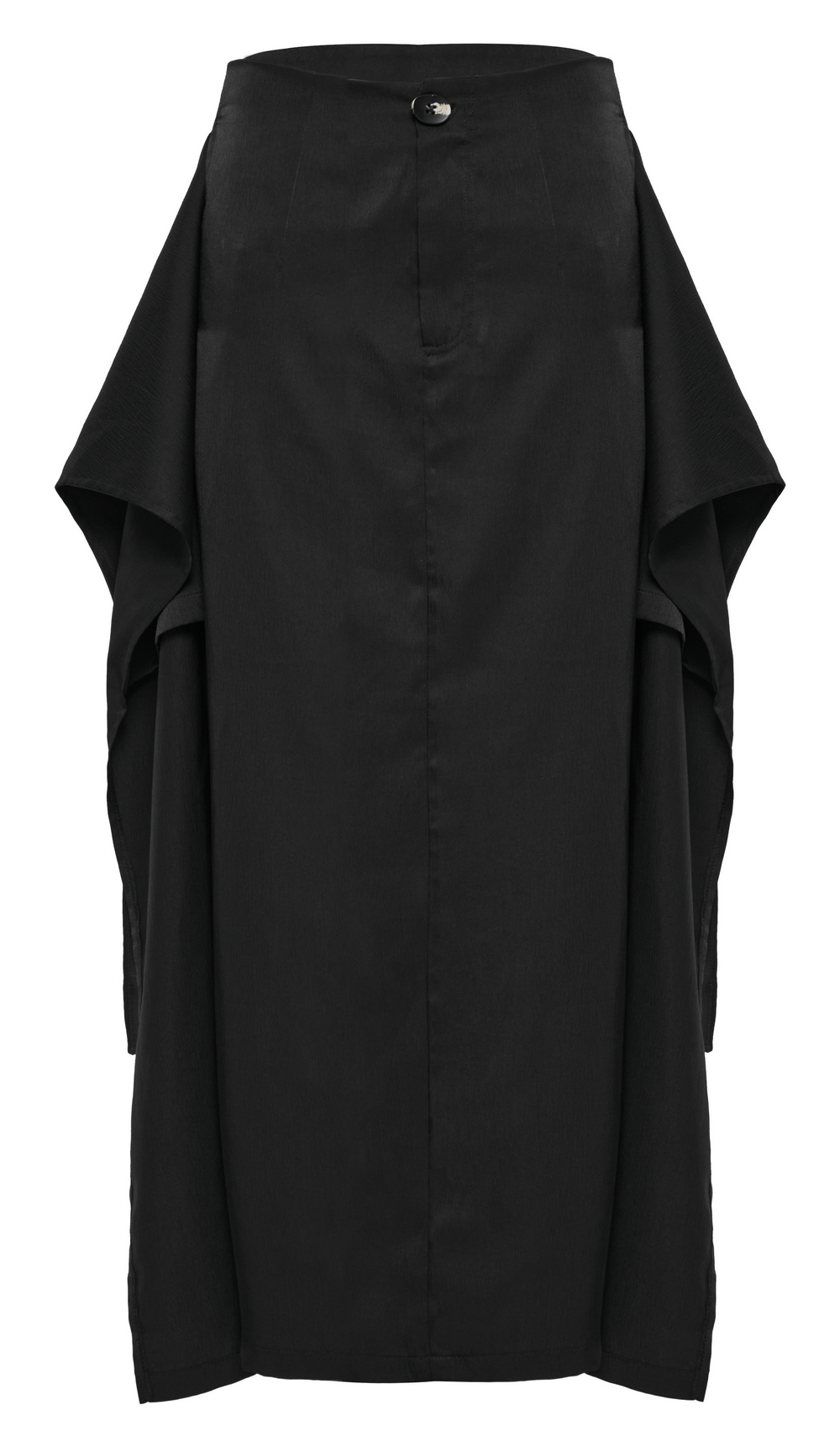 Victorian-inspired black A-line maxi skirt with pockets and elegant rear slit for stylish movement.