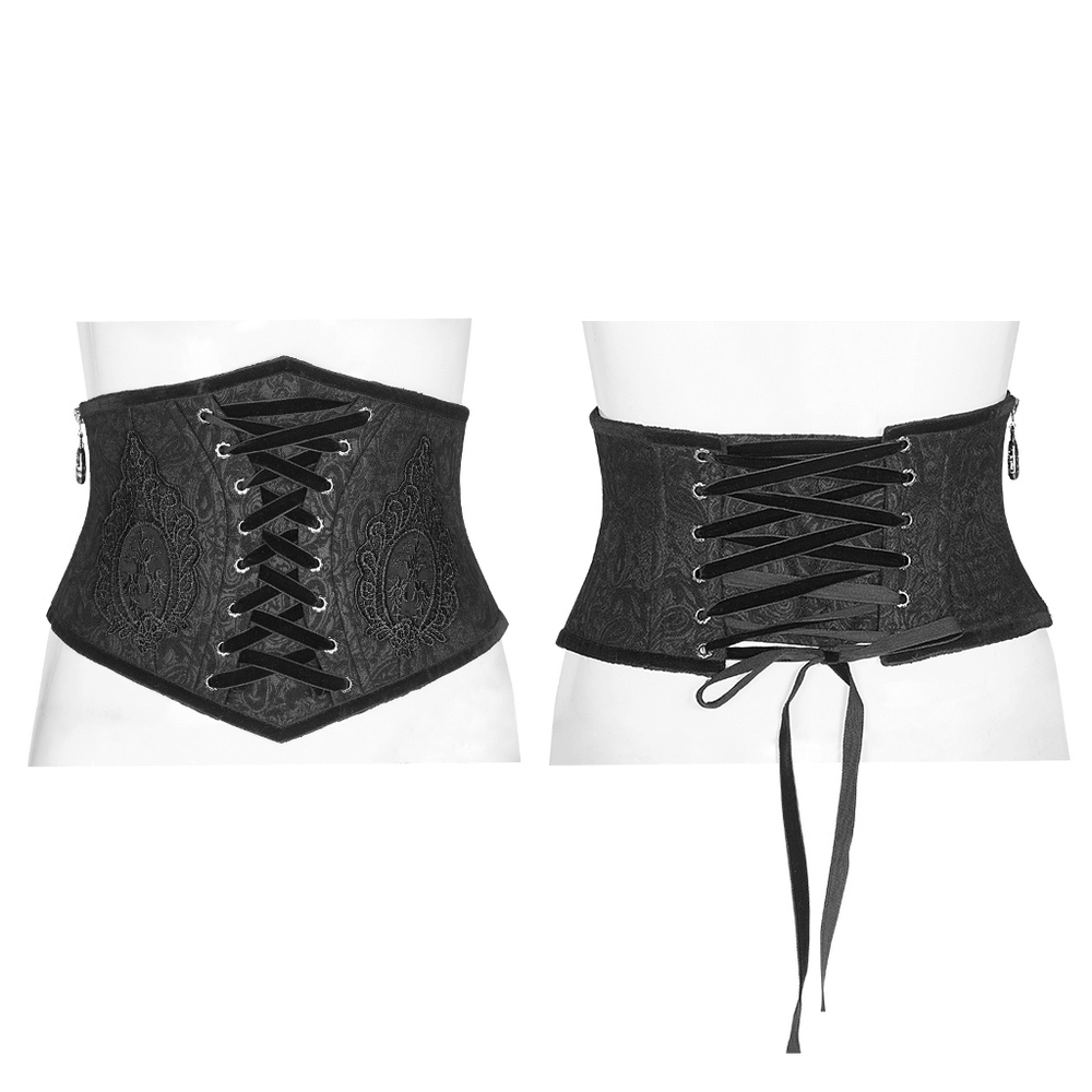 Victorian black brocade gothic corset showcasing lace-up front and back with ornamental eyelet details.
