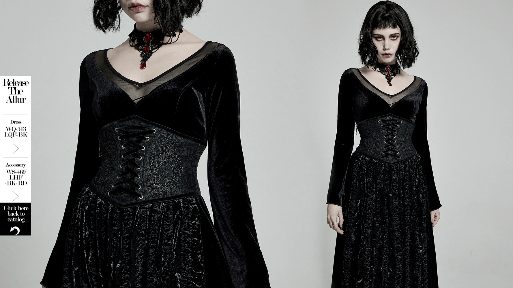 Victorian-inspired black brocade corset dress with lace details and ornate eyelet lacing.