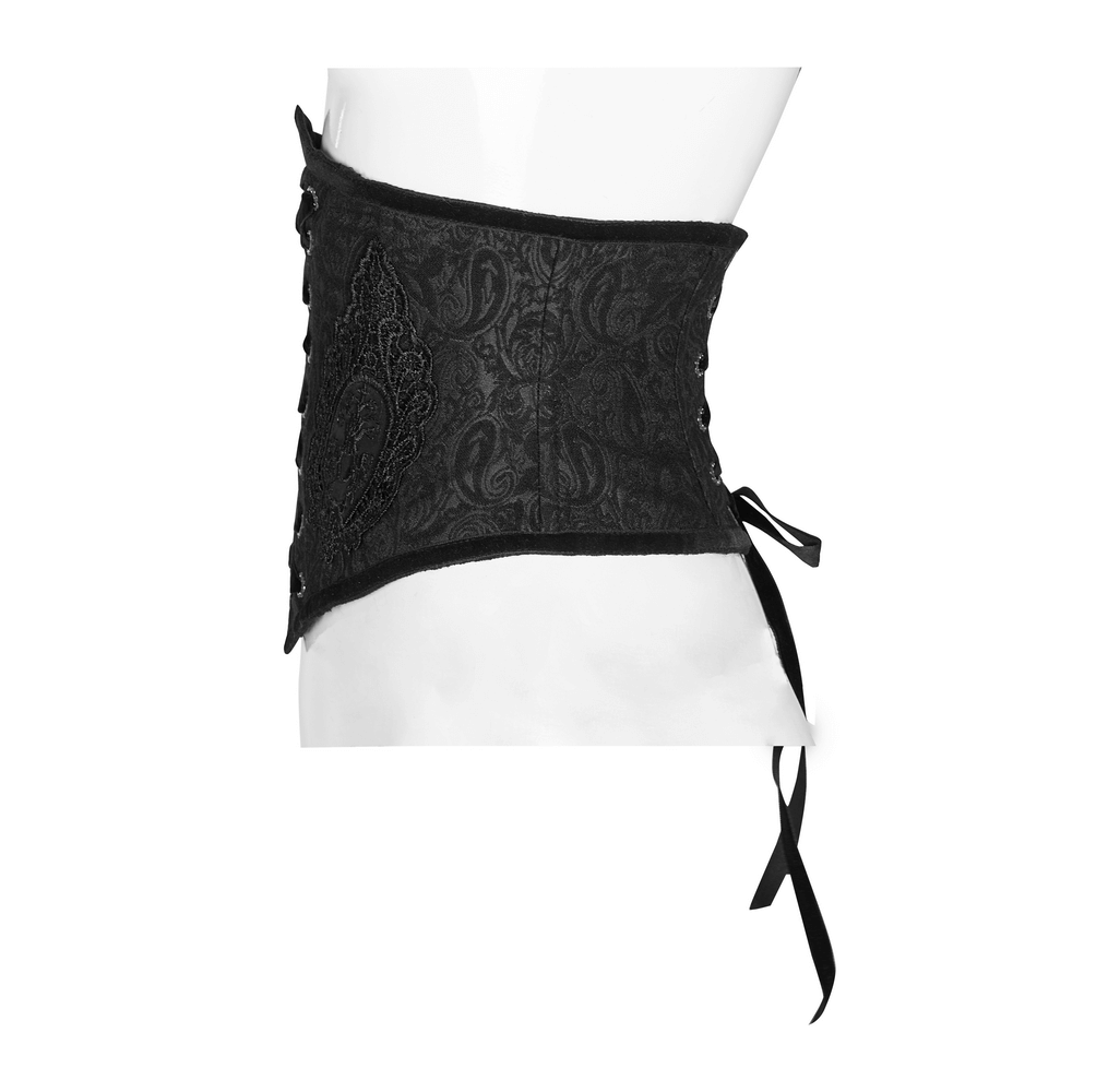 Victorian-inspired black brocade gothic corset with lace details and elegant eyelet lacing.