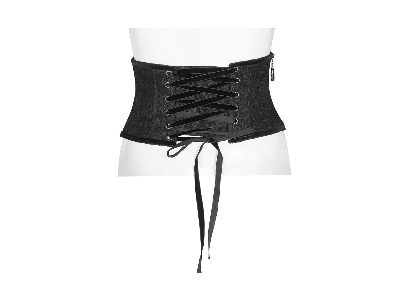 Victorian-inspired black brocade corset with lace-up front, side zipper, and elegant finish.