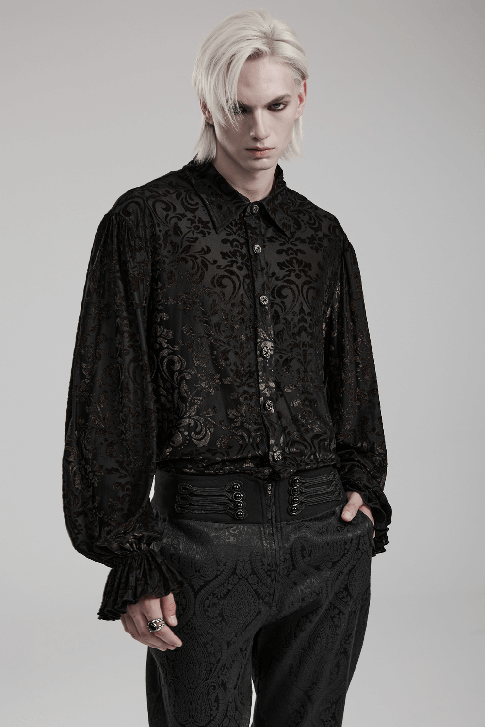 Victorian-Inspired Black Flocked Goth Shirt - HARD'N'HEAVY