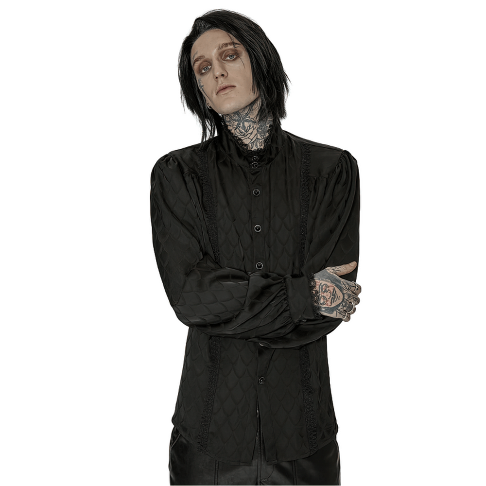 Victorian-inspired black jacquard shirt featuring dragon scale pattern, exuding gothic elegance and dark sophistication.