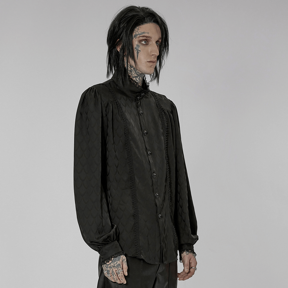 Victorian-inspired black jacquard shirt with dragon scale pattern, perfect for gothic elegance and comfort.
