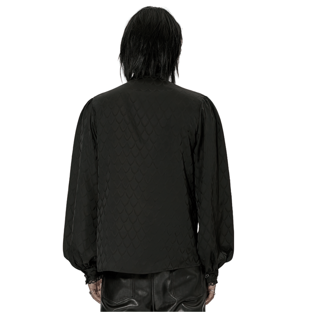 Back view of Victorian-inspired black jacquard shirt featuring dragon scale pattern and loose fit.
