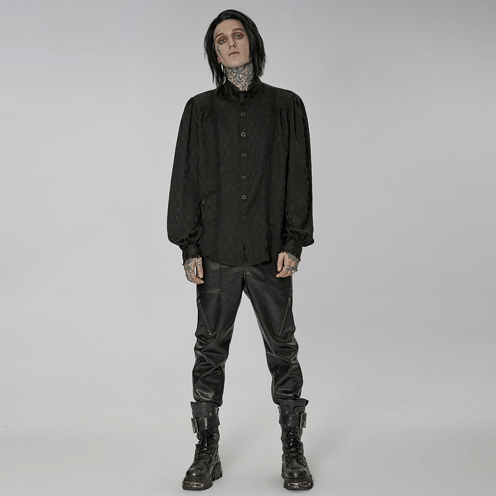 Victorian-inspired black jacquard silhouette shirt with dragon scale pattern, styled for gothic elegance.