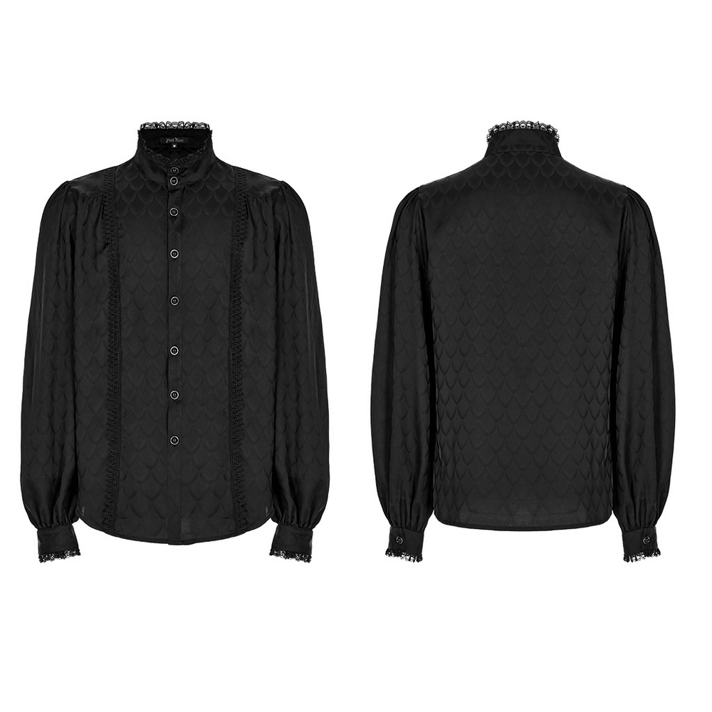 Victorian-inspired black jacquard shirt featuring gothic dragon scale design and elegant loose fit.