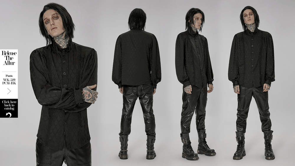 Victorian-inspired black jacquard shirt featuring dragon scale pattern, perfect for gothic elegance.