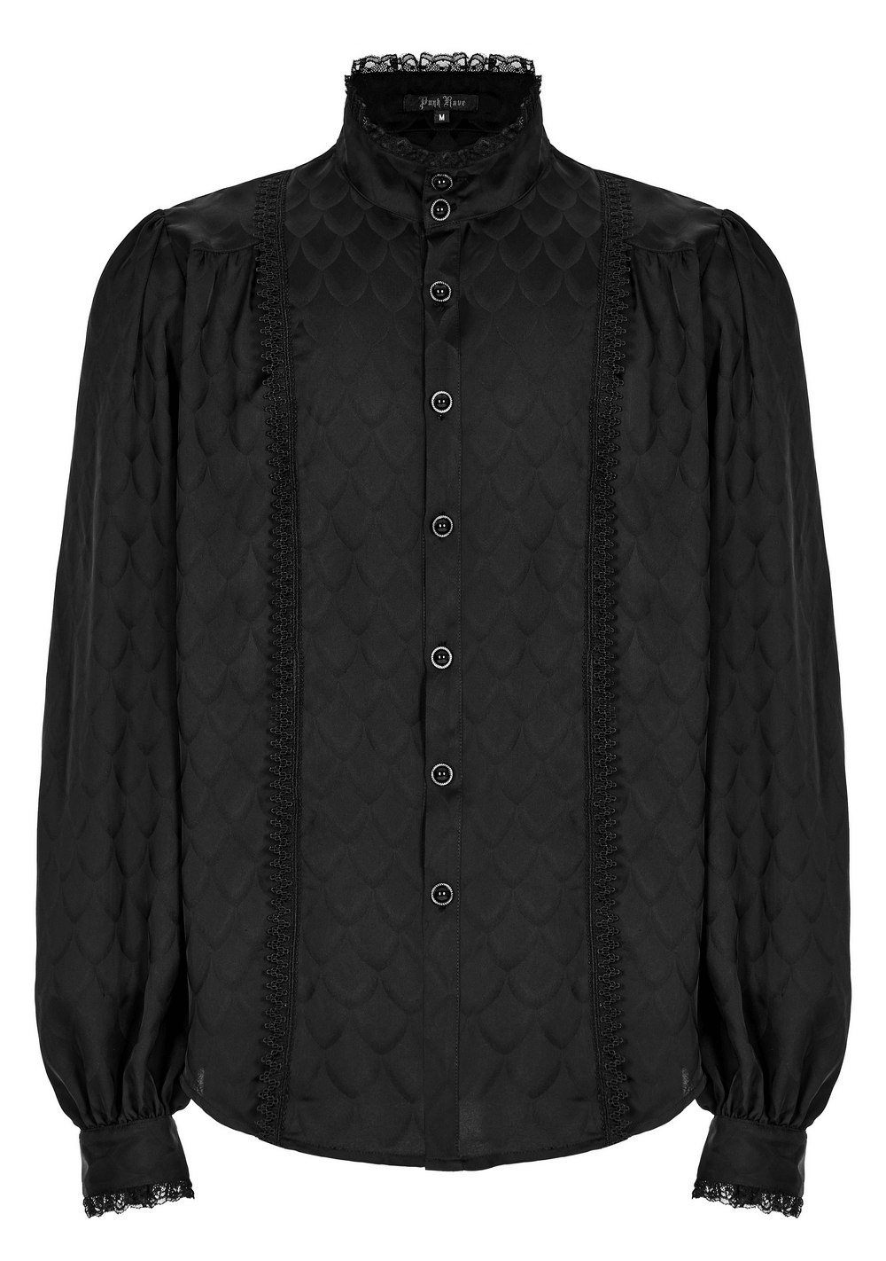 Victorian-inspired black jacquard silhouette shirt with dragon scale pattern and lace detailing.