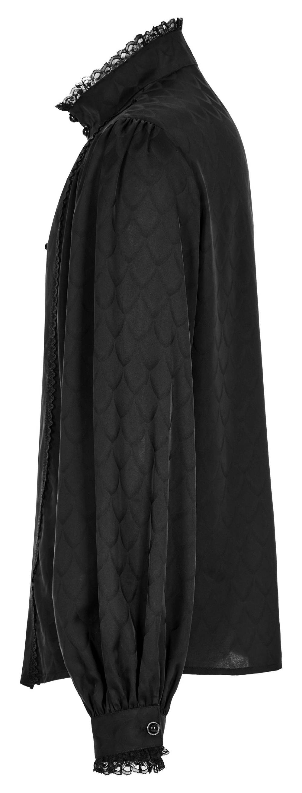 Victorian-inspired black jacquard shirt with dragon scale pattern, showcasing elegance and gothic charm.