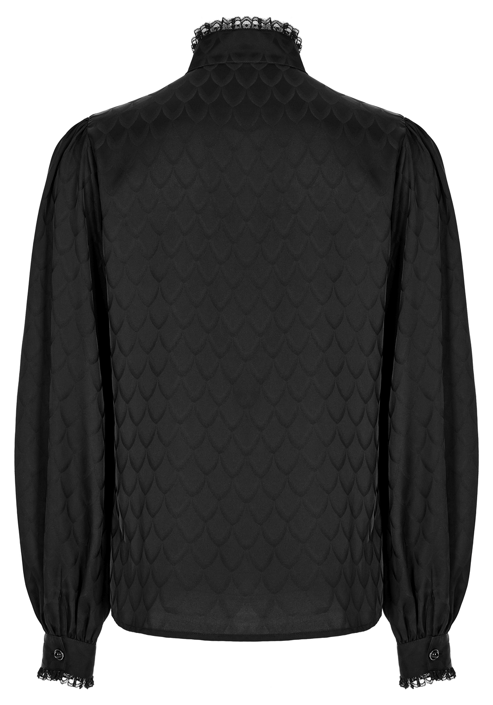 Back view of Victorian-inspired black jacquard shirt featuring dragon scale pattern and elegant detailing.