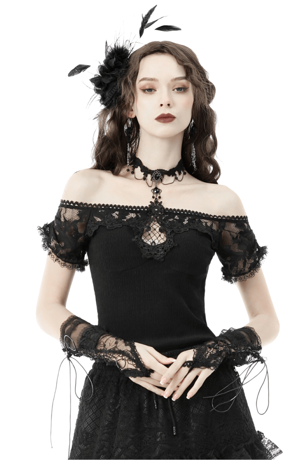 Victorian-Inspired Black Lace Off-the-Shoulder Top