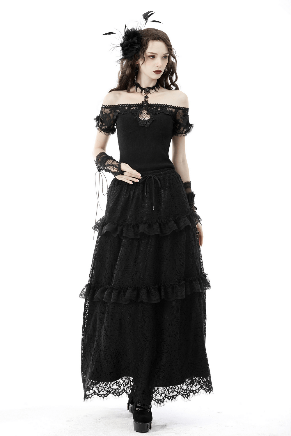 Victorian-Inspired Black Lace Off-the-Shoulder Top