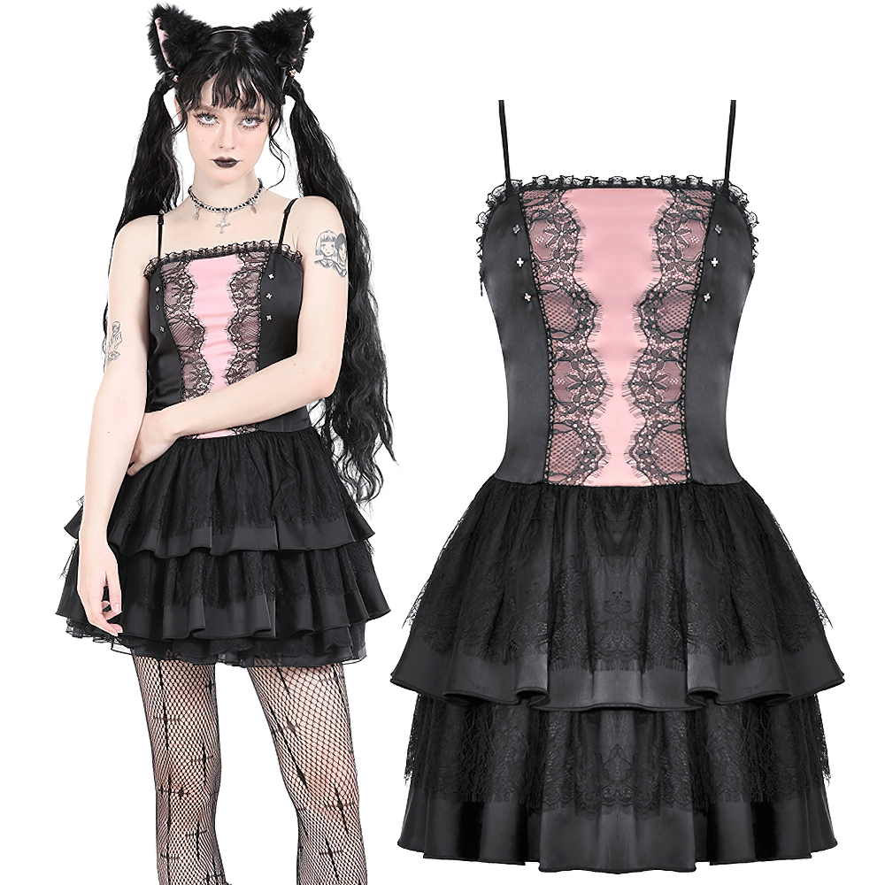 Victorian-inspired black pink lace layered mini dress with ruffles for a gothic elegance look.