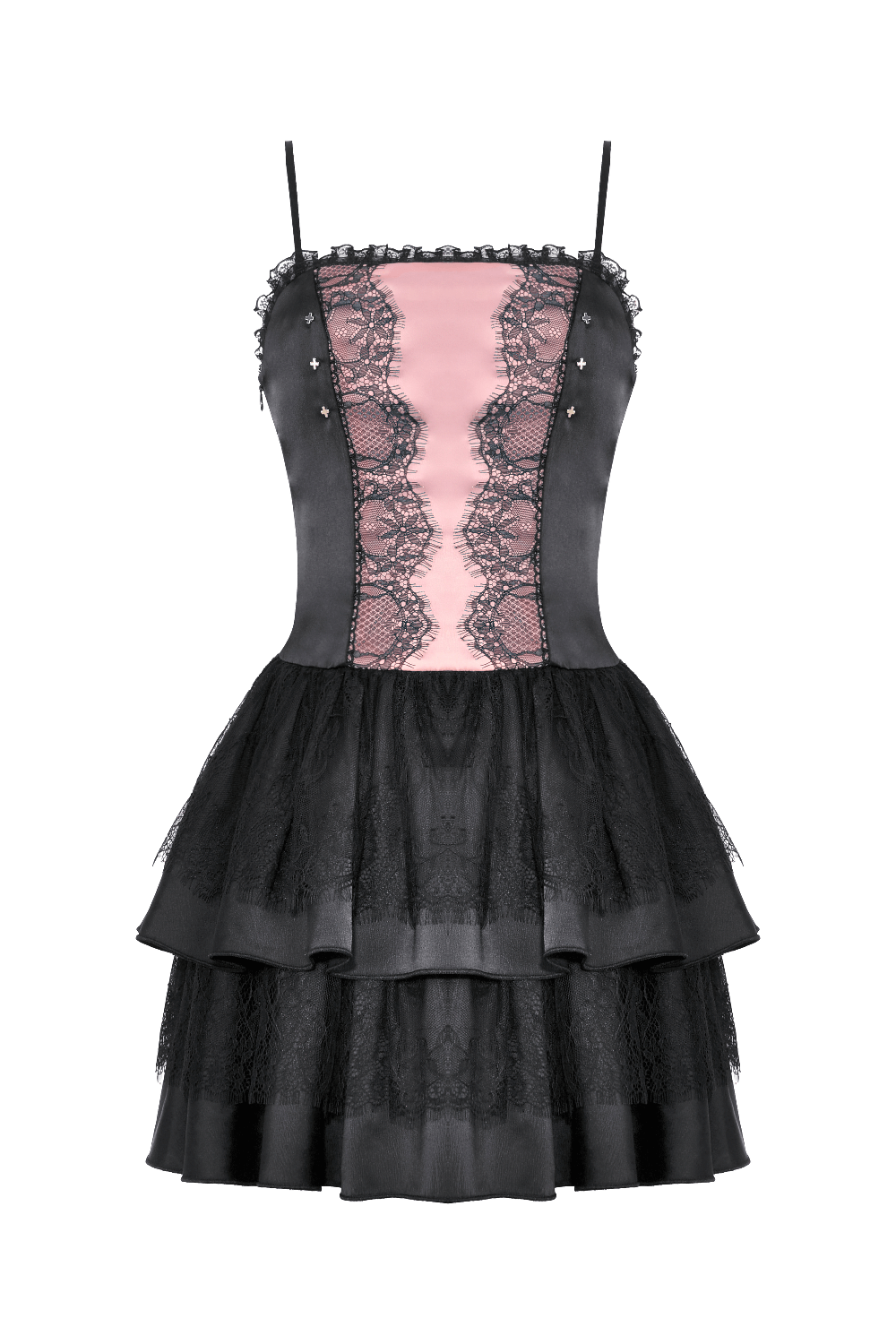 Victorian-Inspired Black Pink Lace Layered Mini Dress