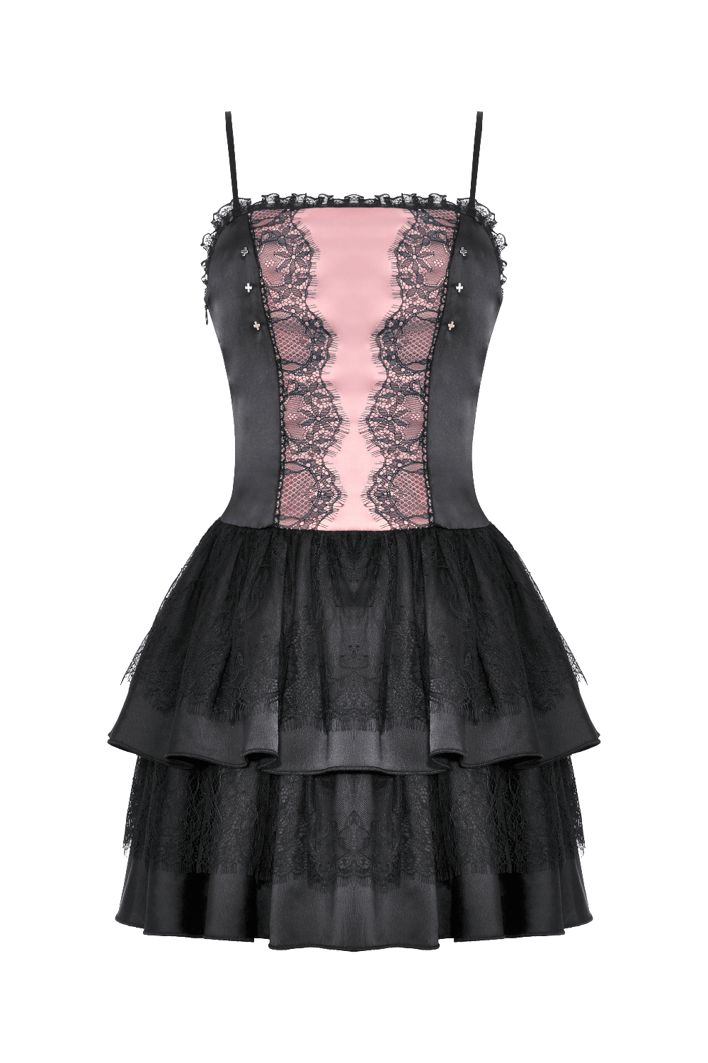 Victorian-inspired black pink lace layered mini dress with ruffles and elegant details.