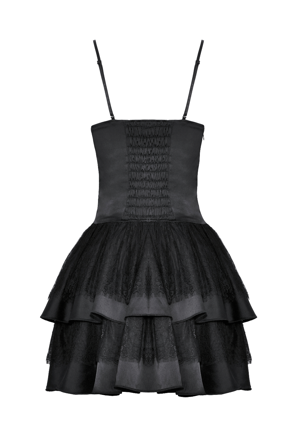 Victorian-inspired black lace mini dress with ruffles, showcasing elegance and gothic charm.
