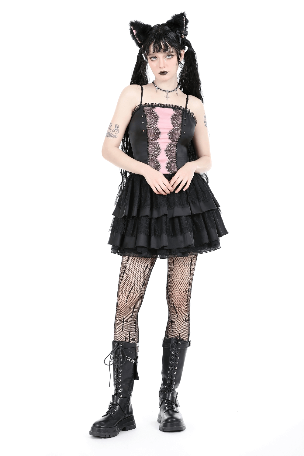 Victorian-inspired black pink lace mini dress with ruffles, perfect gothic fashion statement.