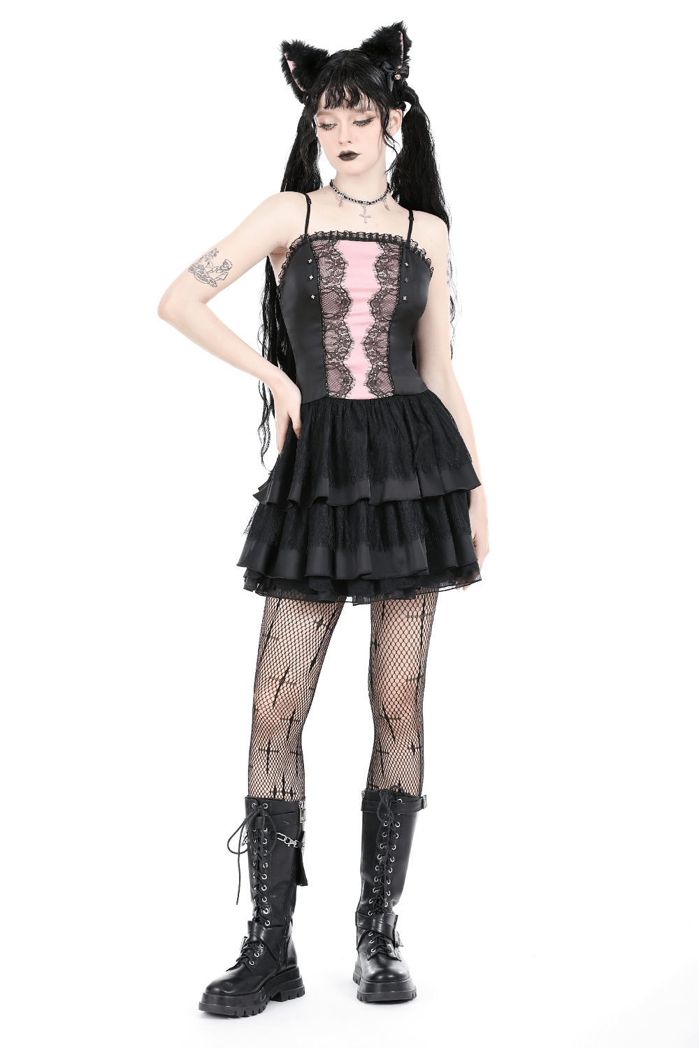 Victorian-inspired black pink lace layered mini dress with ruffles, perfect for gothic elegance.