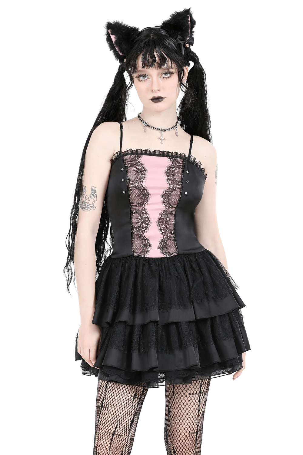 Victorian-inspired black pink lace mini dress with ruffles for gothic elegance, featuring layered skirt and stylish accessories.