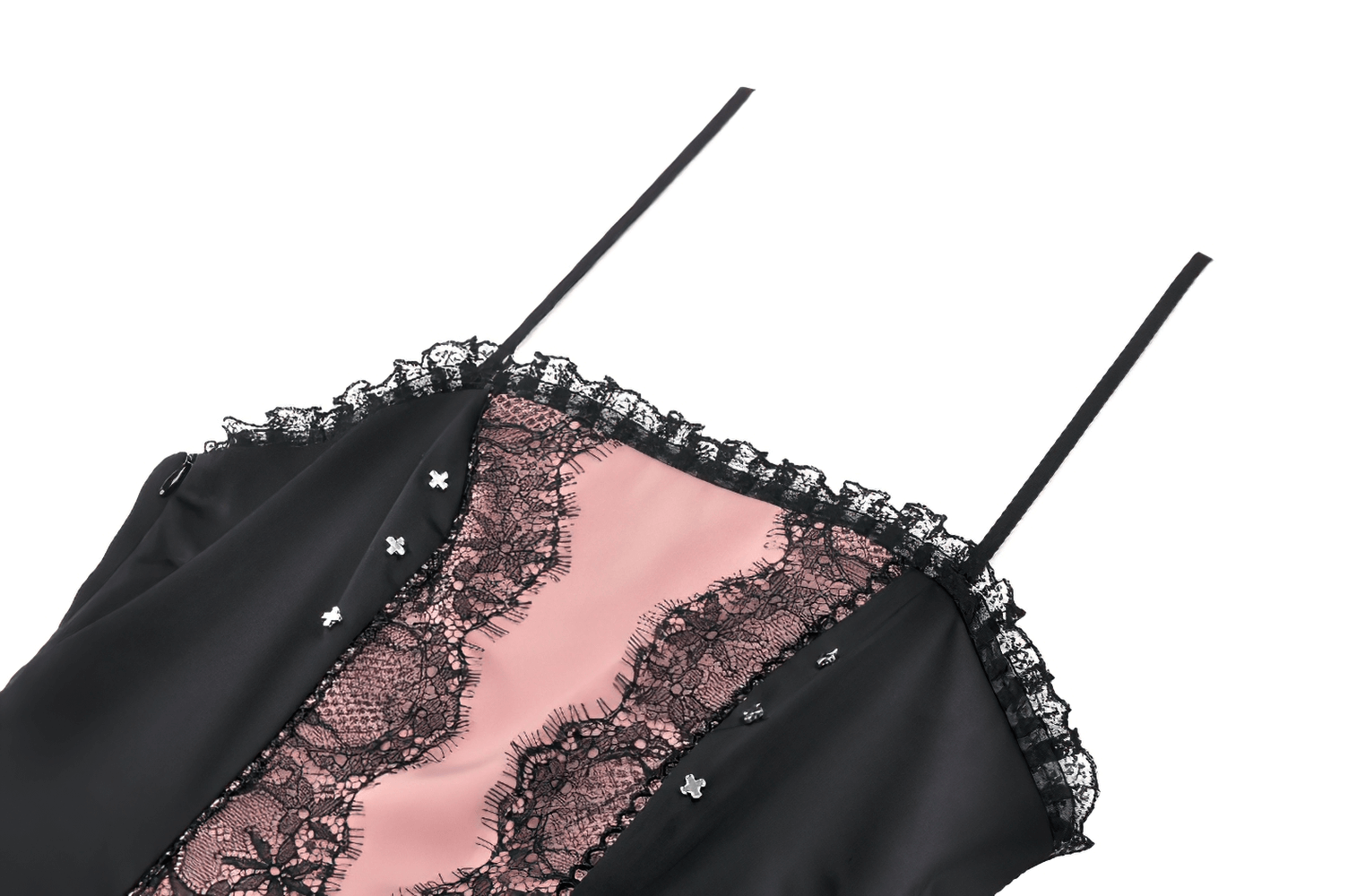 Victorian-inspired black pink lace mini dress with ruffles and delicate straps.