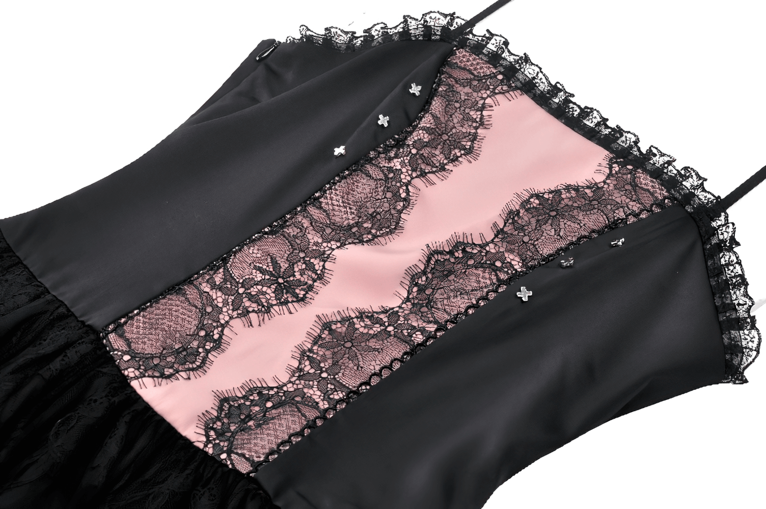 Victorian-inspired black pink lace mini dress showcasing intricate lace details and ruffle accents.